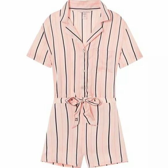 Pink Satin Pajamas Victorias Secret AFTERHOURS Shorts Romper striped Size small - Picture 1 of 10